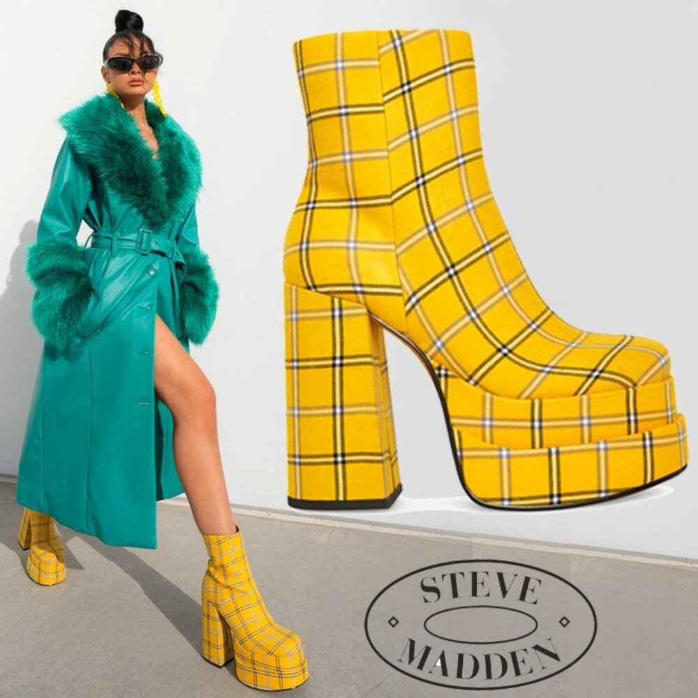💋RETRO 70s CHIC💋Steve Madden Double Plarform Booties in Yellow & Black Plaid